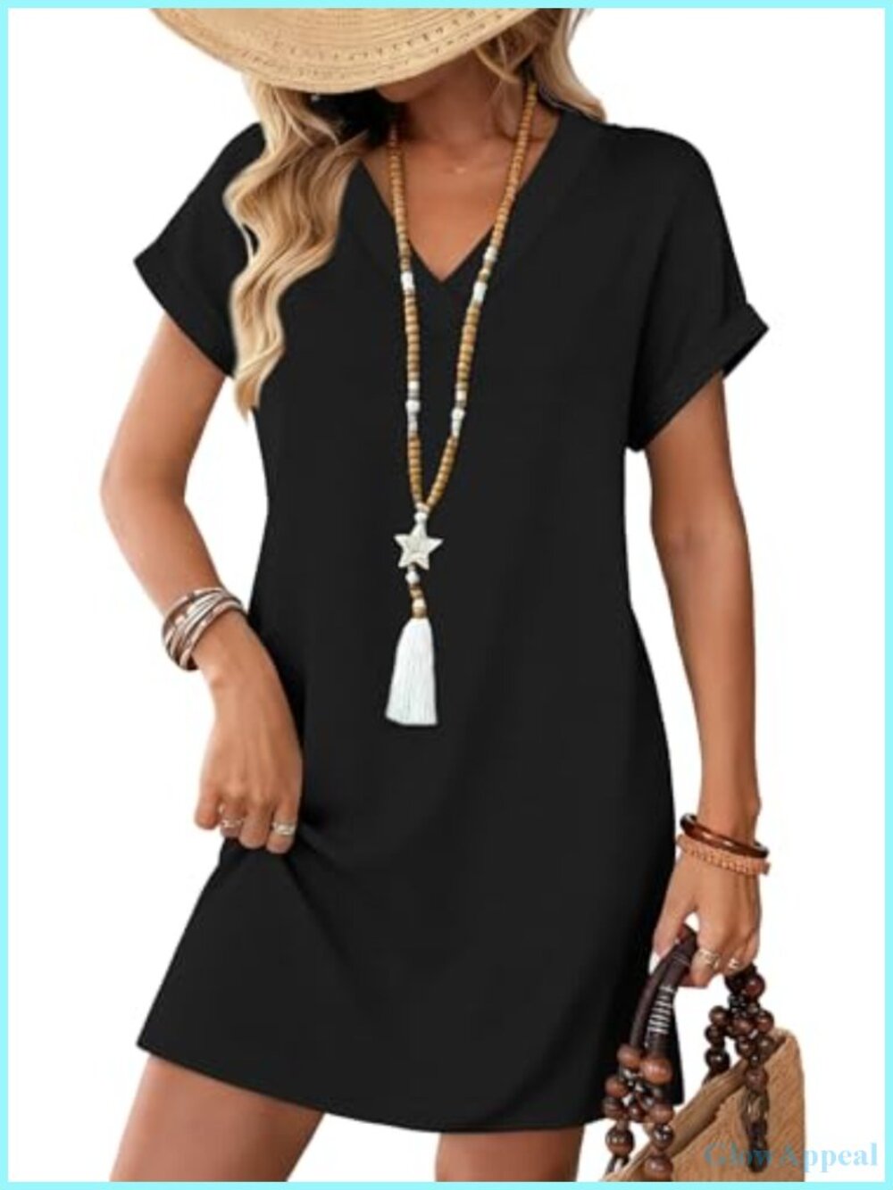 Tshirt Midi Dress for Women Short Sleeve V-Neck with Pockets Beach Vacation